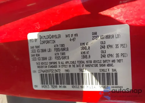 2007 Dodge Dakota Slt из США, поврежденный, VIN 1D7HW42K07S219472